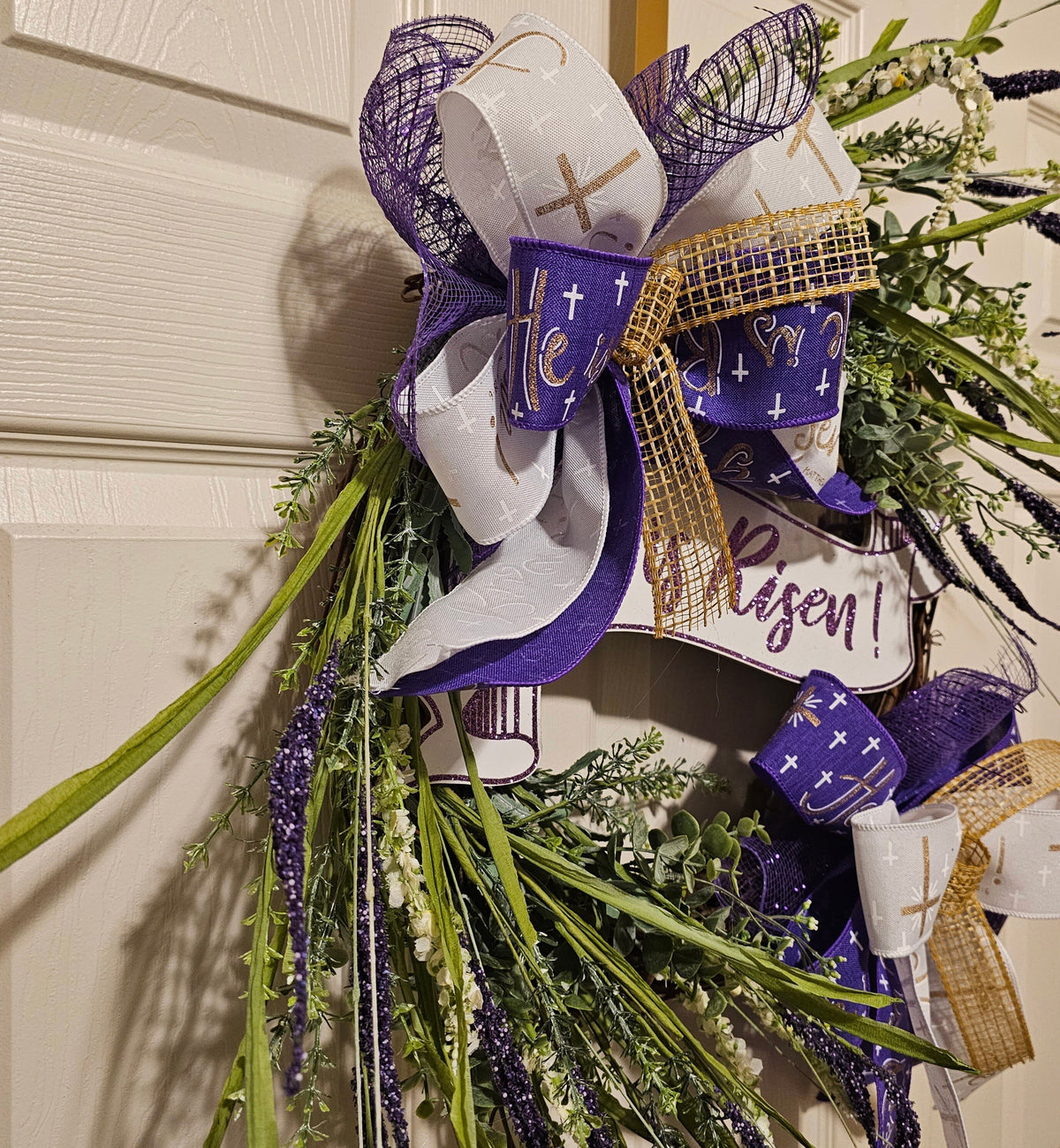 He Is Risen Grapevine Easter Wreath, Purple and White Decor (23x23 inches)