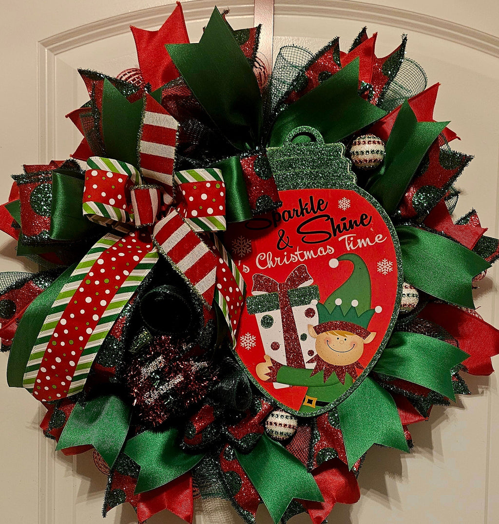 Elf Christmas Wreath – Red, Green Holiday Decor with Festive Bow