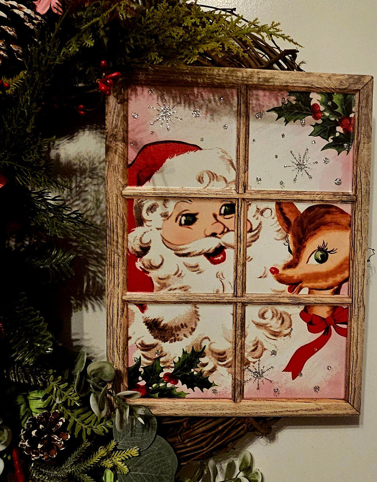 Vintage Santa & Rudolph Christmas Wreath - Handmade Pinecone Holiday Decor