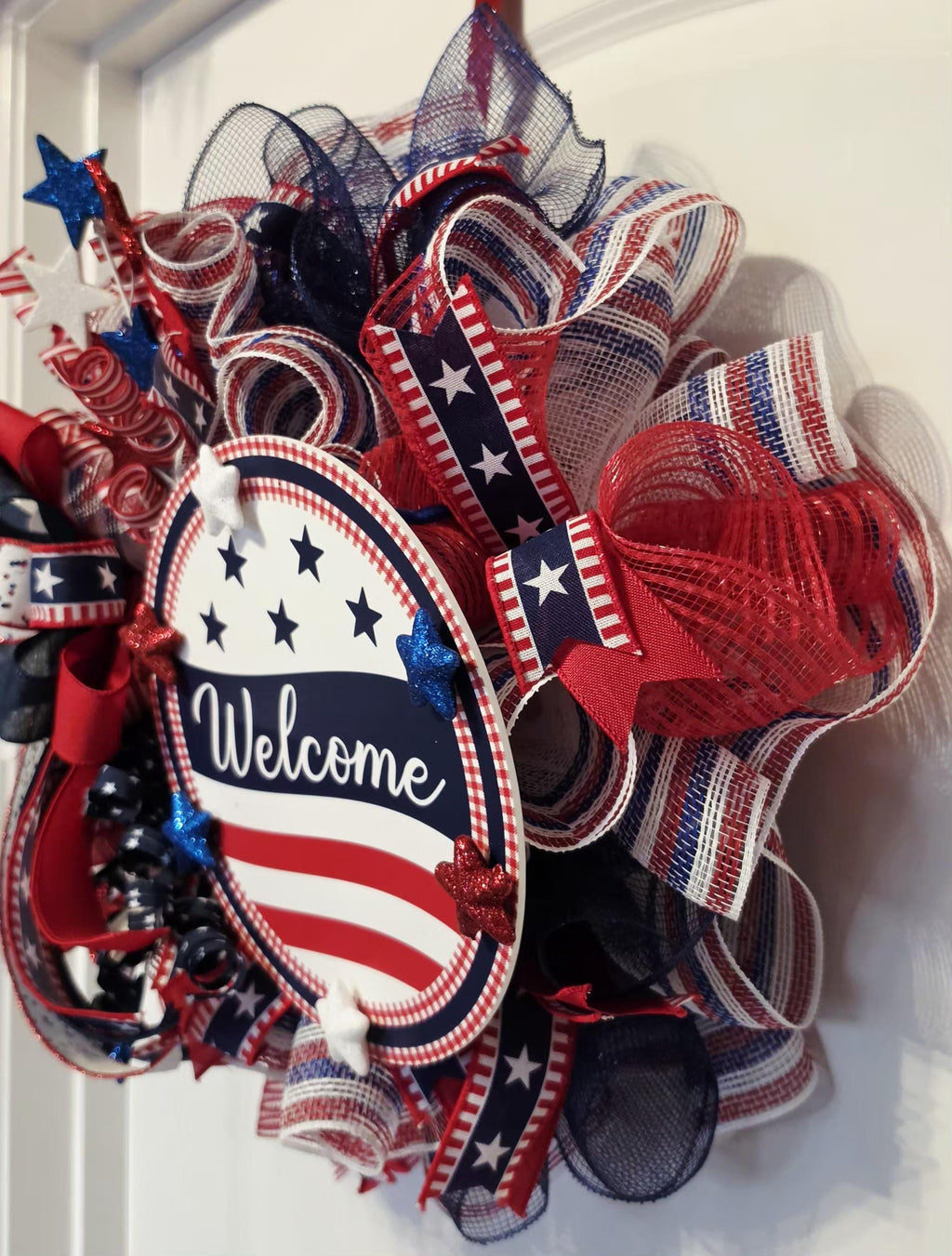 Patriotic Welcome Wreath: Red, White, Blue Americana Door Hanger