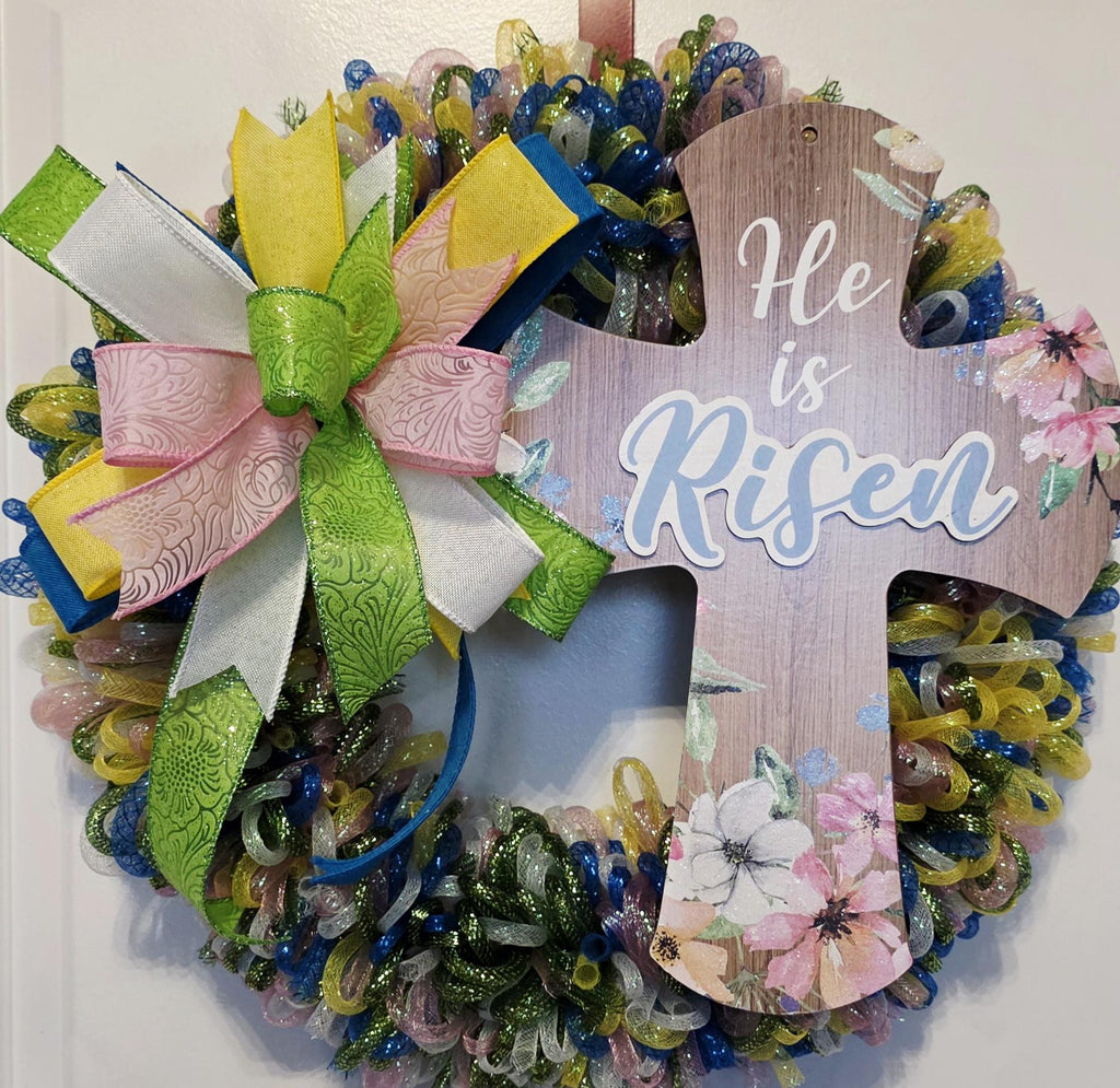 He Is Risen Cross Wreath, Easter Spring Door Decor, Religious Christian Wreath