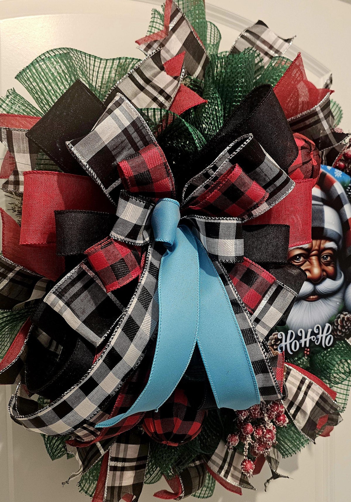 Black Santa Christmas Wreath: Buffalo Plaid Holiday Decor