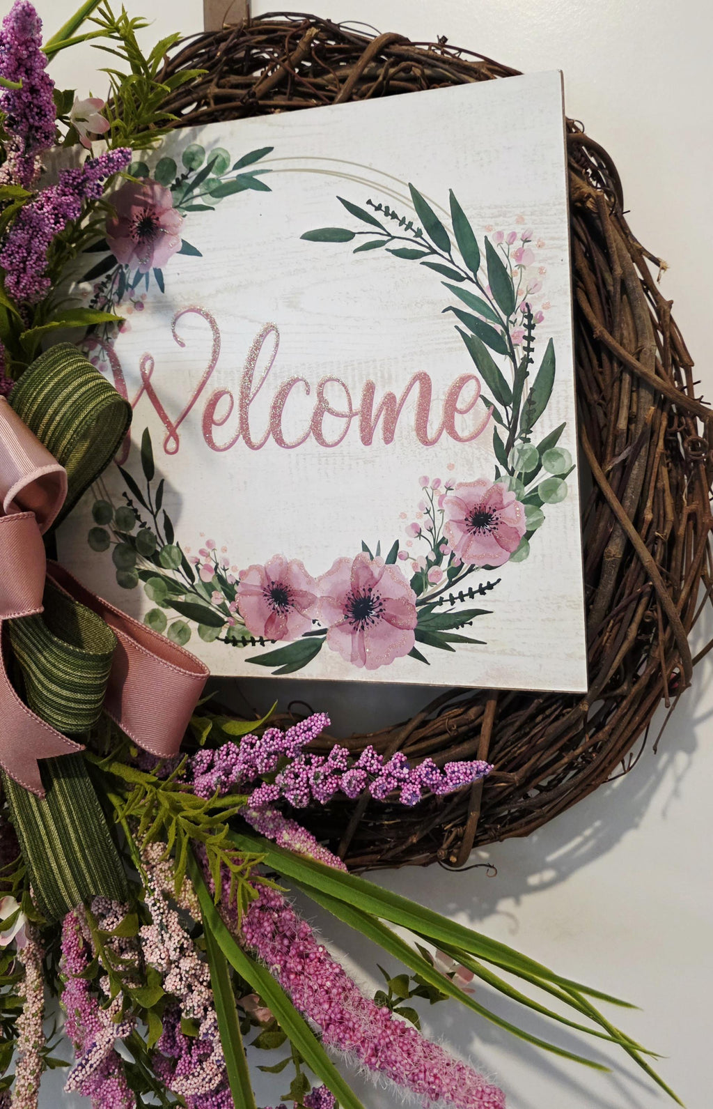 Handcrafted Pink Floral Grapevine Wreath, Rustic Farmhouse Spring Door Decor
