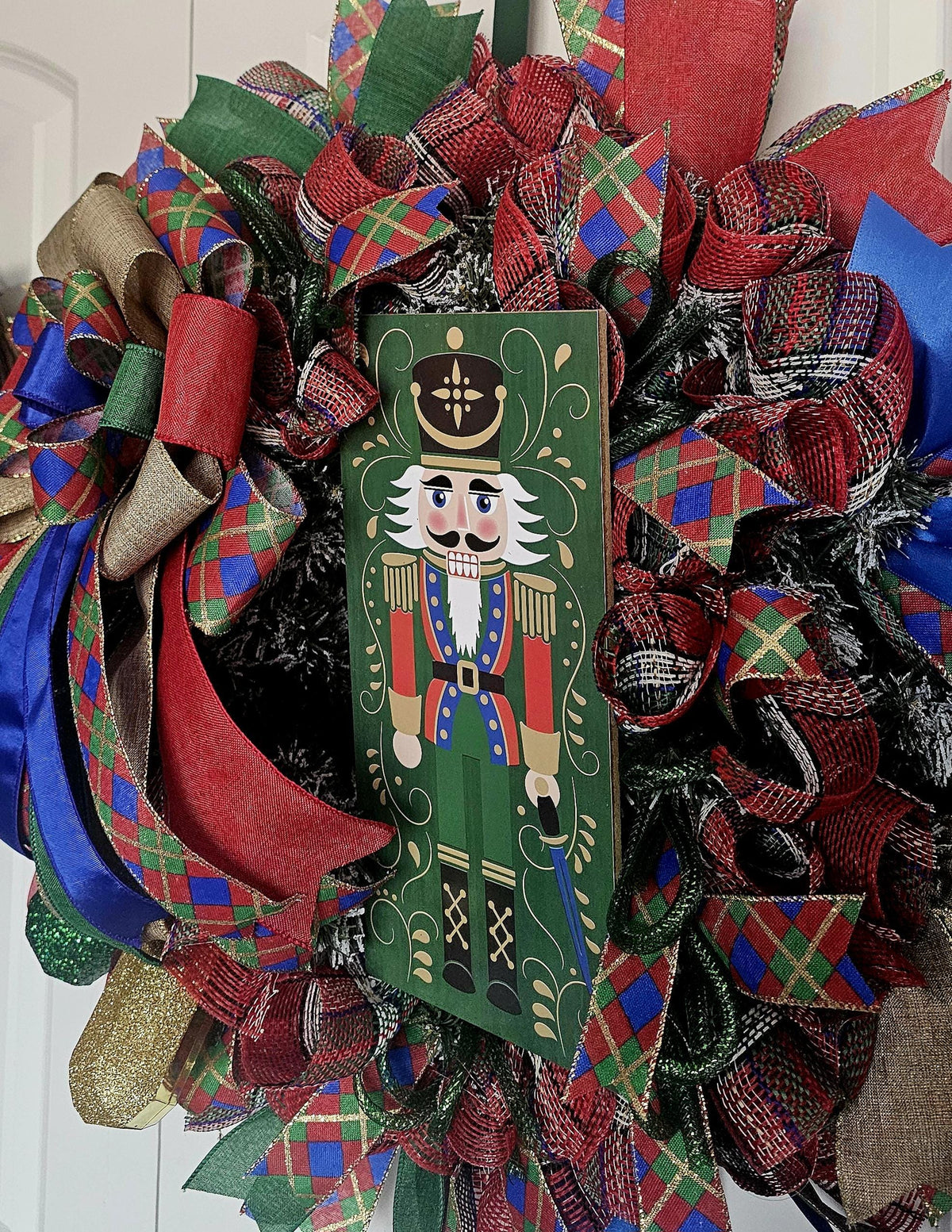 Nutcracker Christmas Wreath, Red Green Plaid Bow, Holiday Door Decor