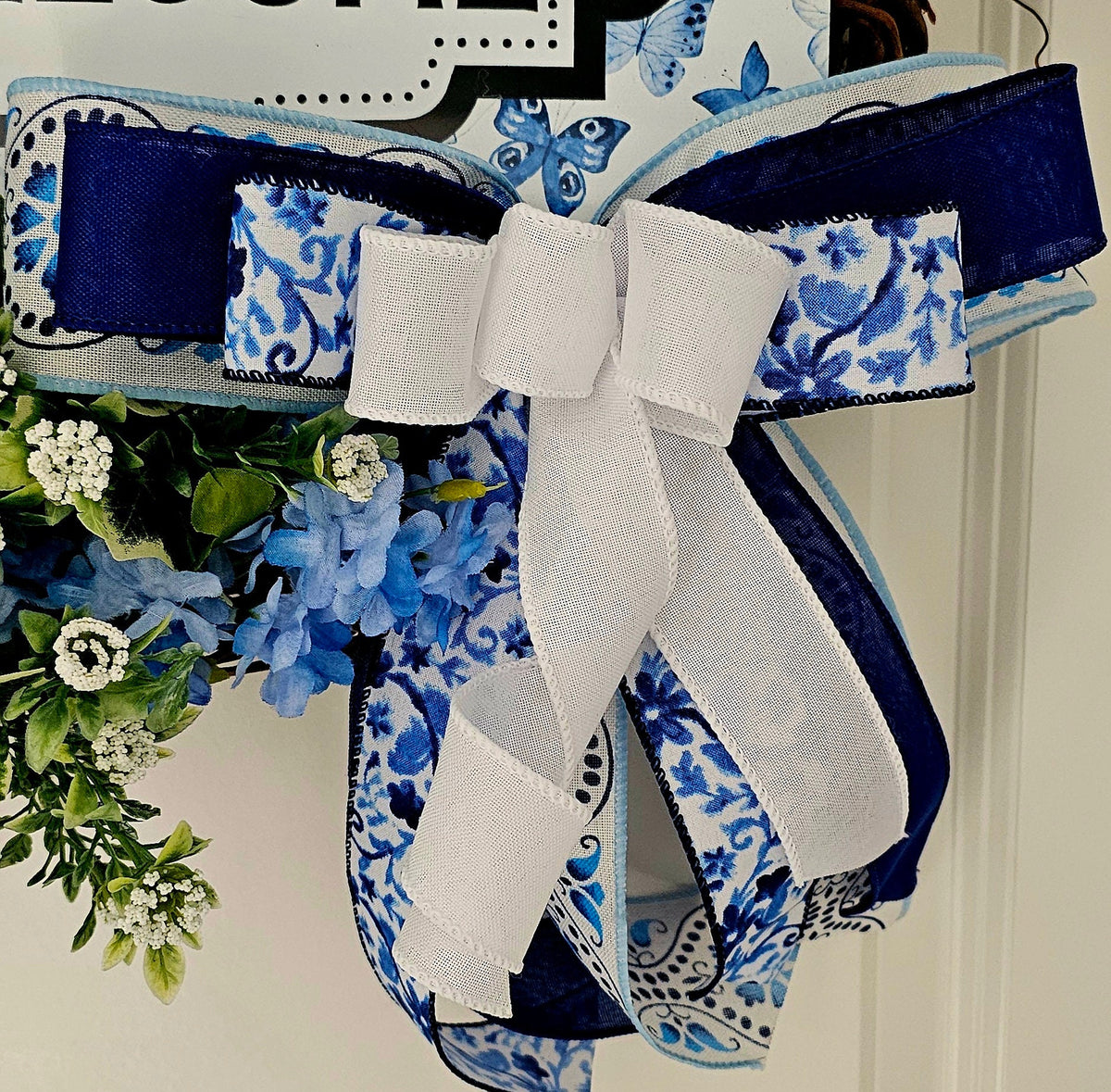 Blue Floral Welcome Wreath, Butterfly Grapevine Door Decor for Spring and Summer