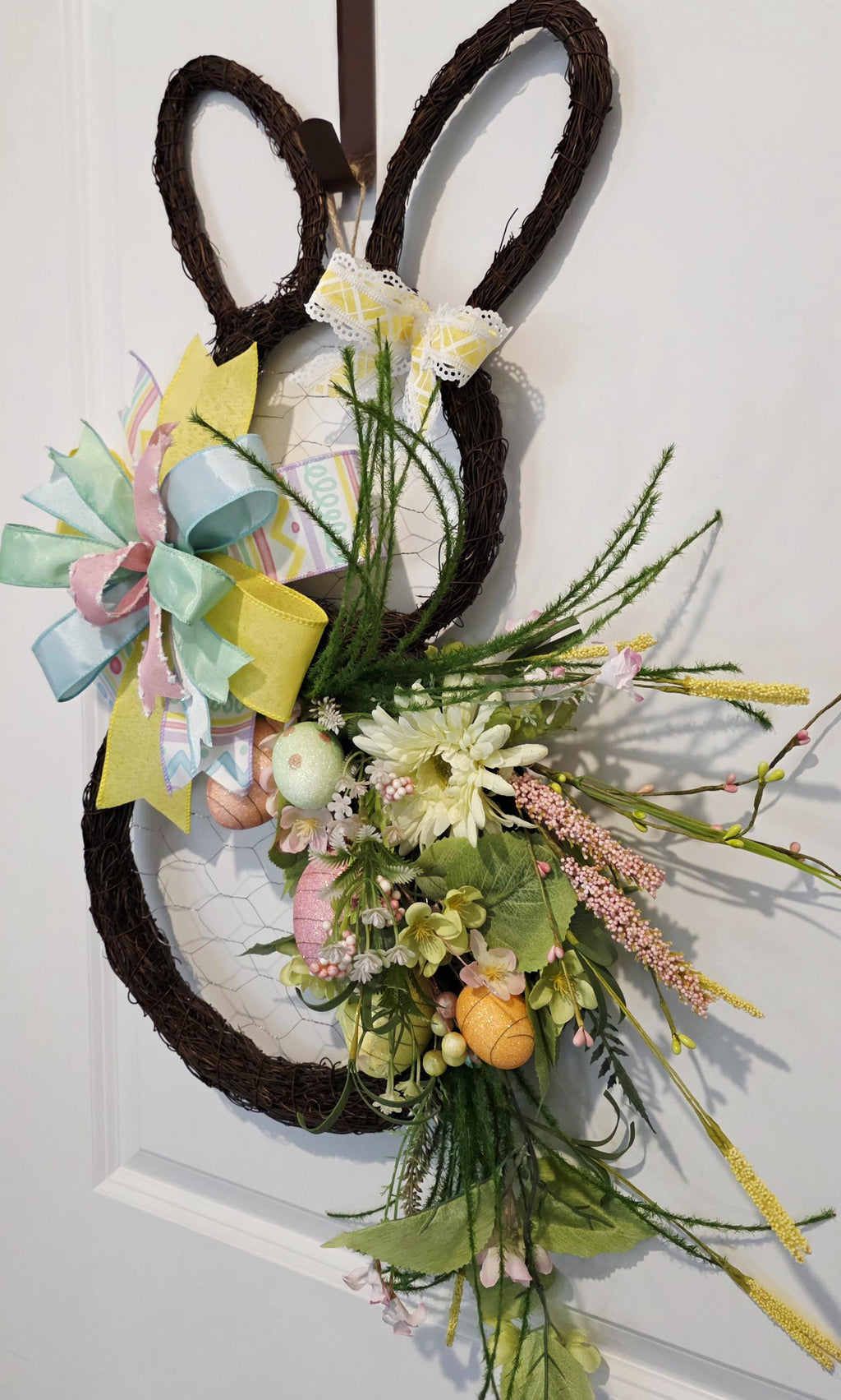 Handmade Grapevine Easter Bunny Wreath, Pastel Eggs, Spring Florals, Farmhouse Door Decor