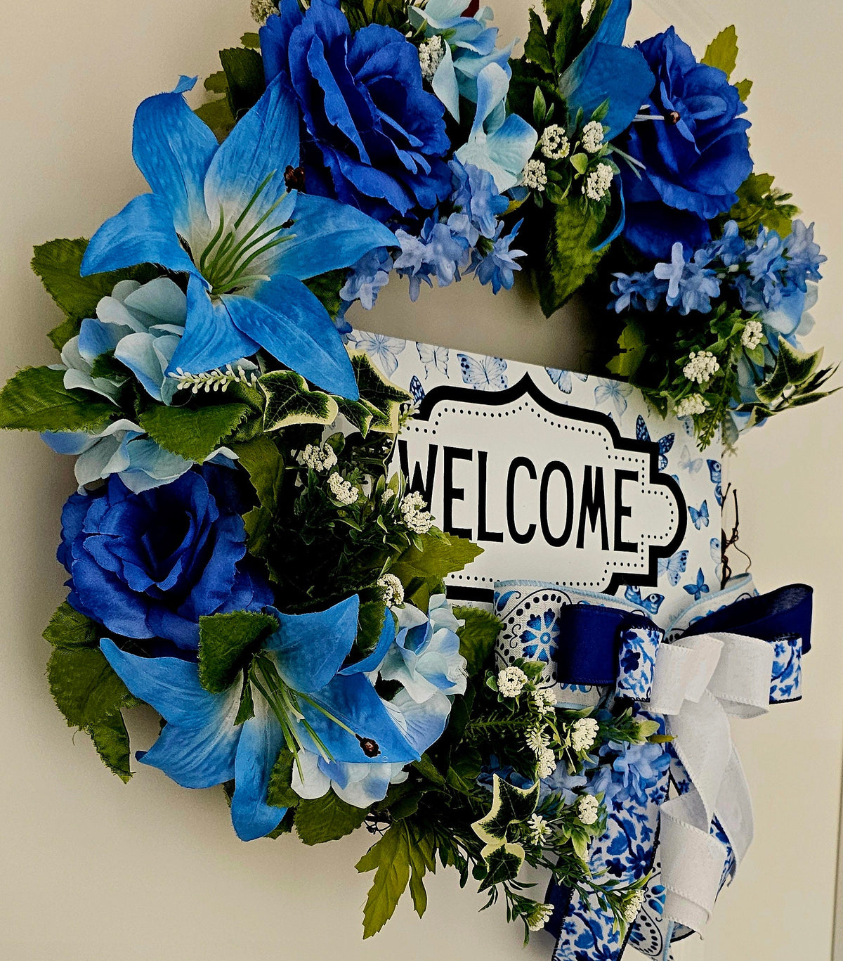 Blue Floral Welcome Wreath, Butterfly Grapevine Door Decor for Spring and Summer