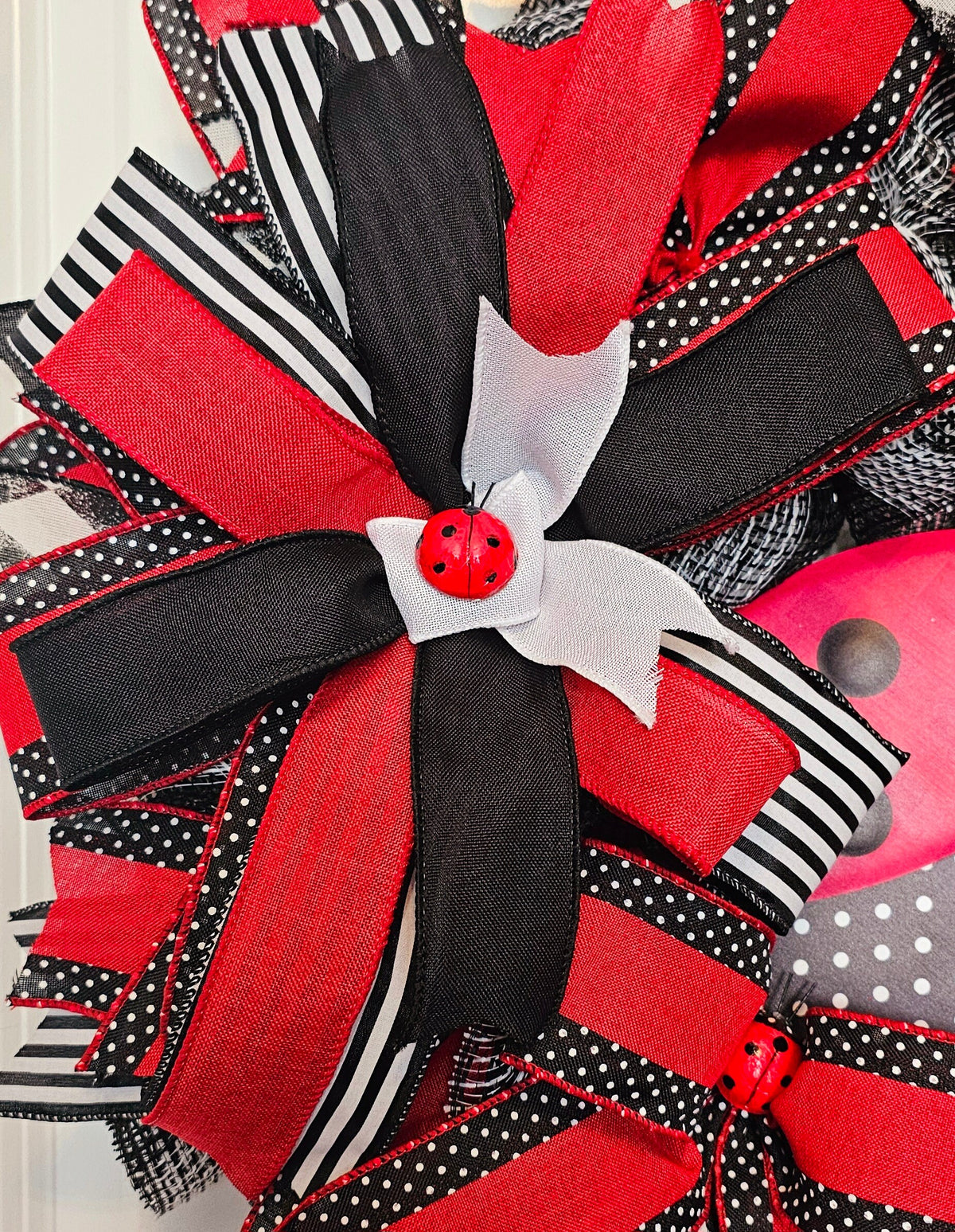 Handmade Ladybug Wreath, Outdoor Summer Decor, Whimsical Garden Decoration