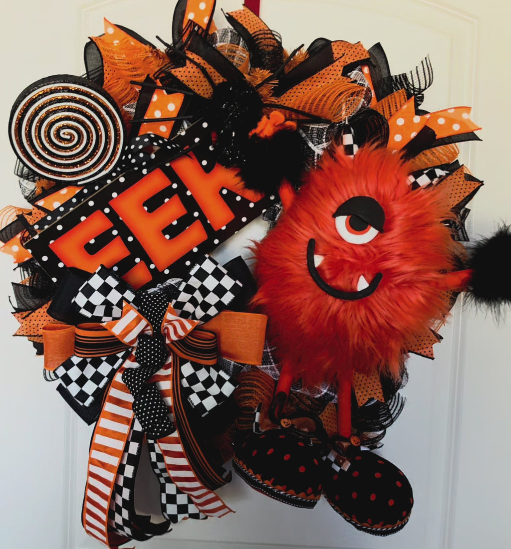 Halloween Wreath, Halloween Front Door Wreath, Orange Black Wreath, Monster Wreath, Eek Wreath, Whimsical Halloween Decor, Door Wreath