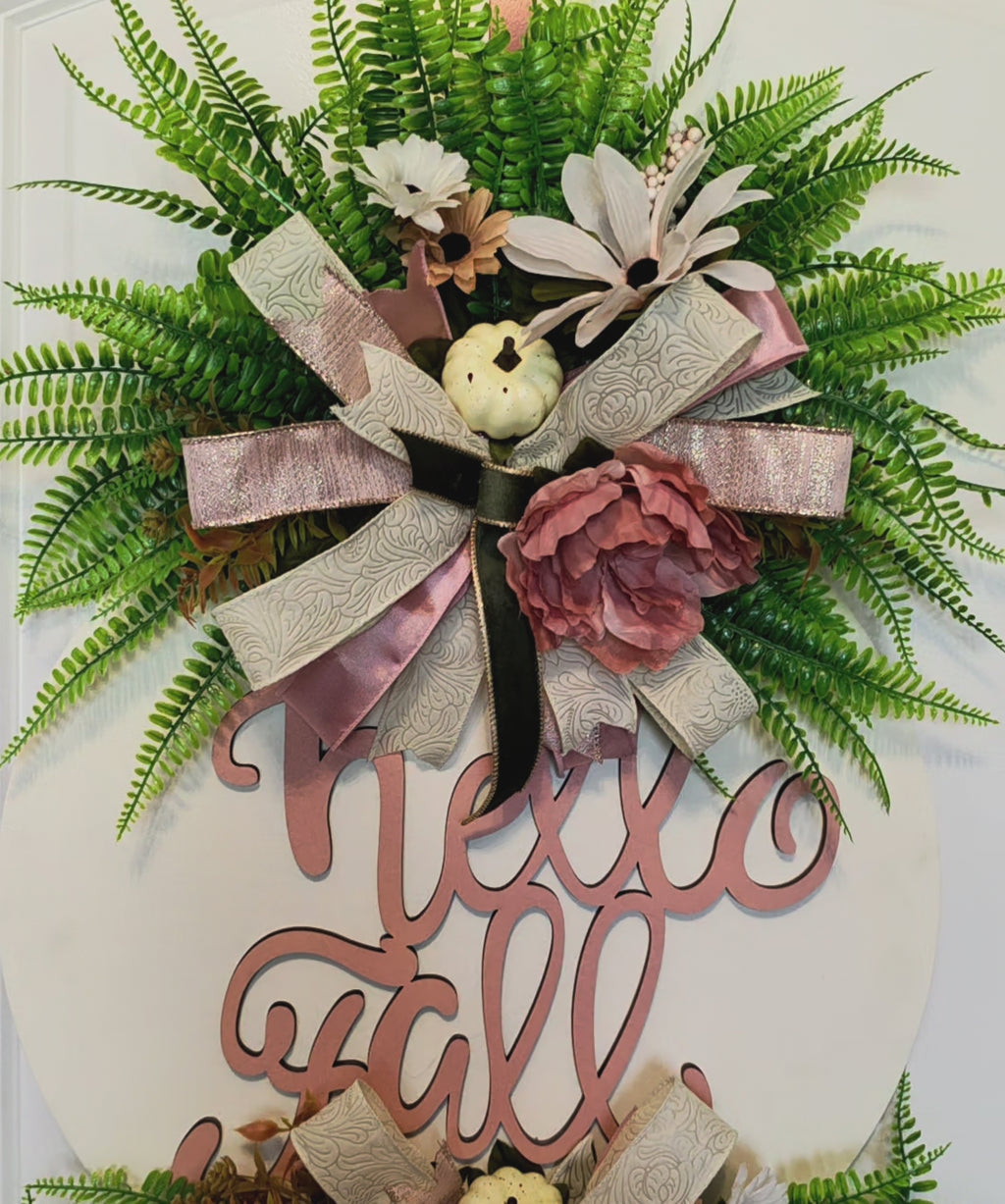 Handmade Blush Pink Fall Door Hanger, Fern Greenery, Hello Fall Wreath